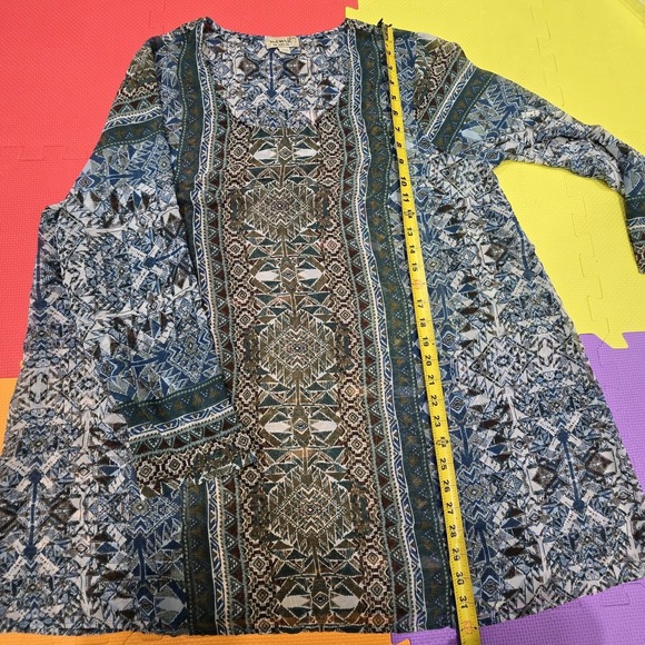 ONE WORLD Tops - One World Women XL Top Blue Green Geometric Print V-Neck Sheer Boho Peasant...